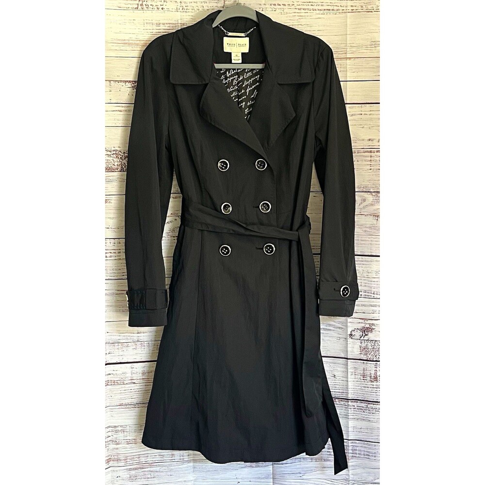 White House Black Market Double Breasted Trench Coat Black Belted 12